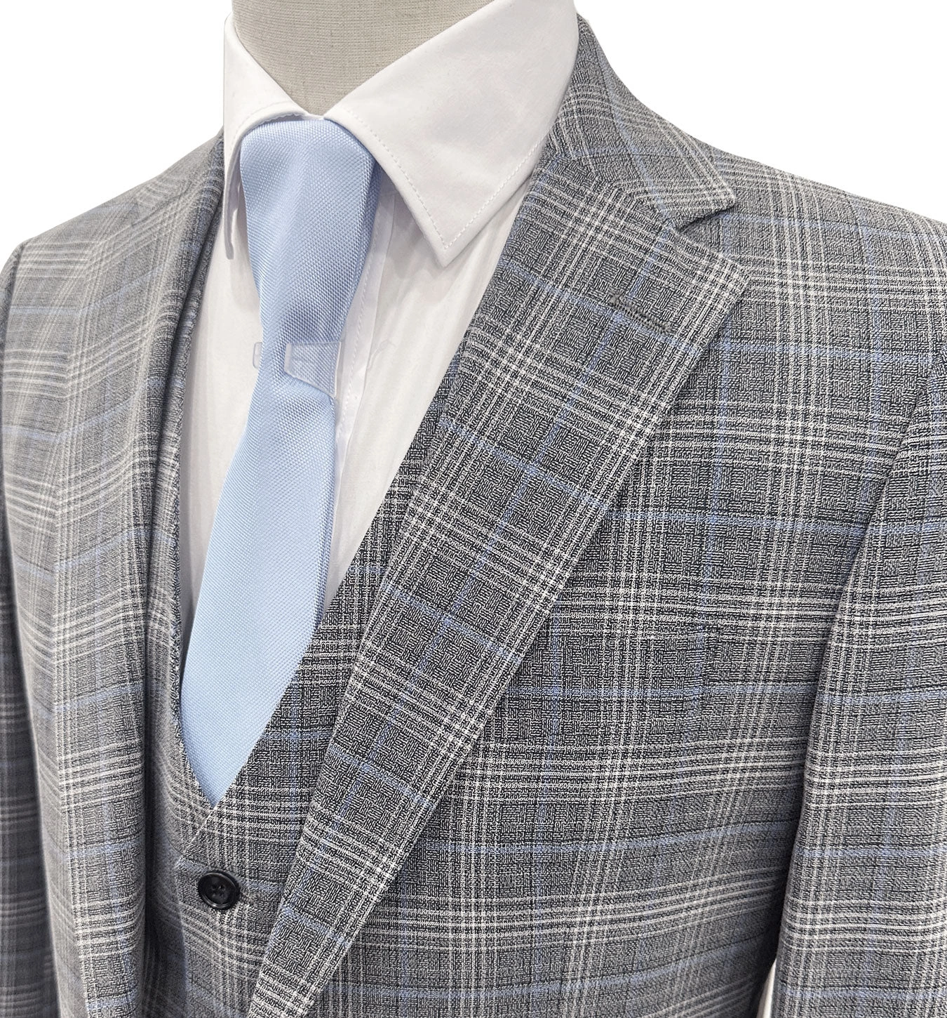 Angelo Rossi: Stijlvol Grijs-Blauw Glen Check Pak met Vest - Moderne Pasvorm, Klaar om te Imponeren!